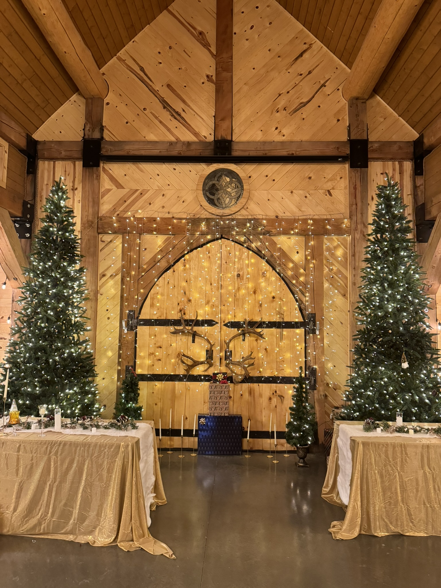 Alaska outdoor wedding ceremony arch with mountain and forest view